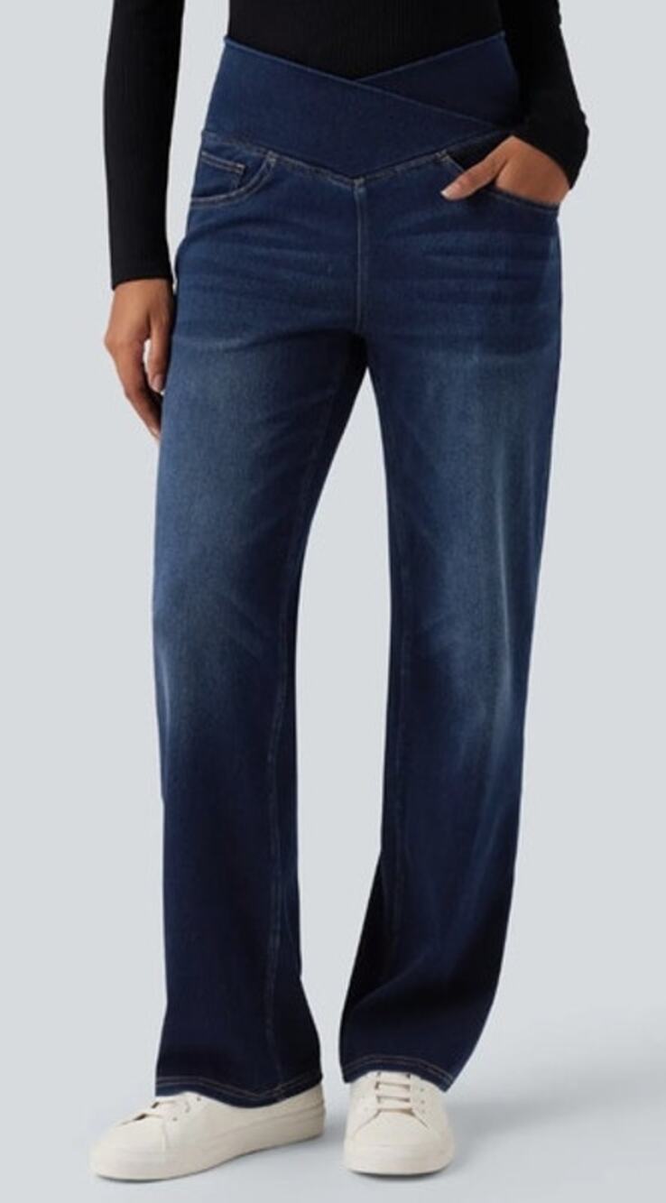 Halara Flex™ Crossover High Waisted Tummy Control Jeans Dark Wash L NWT